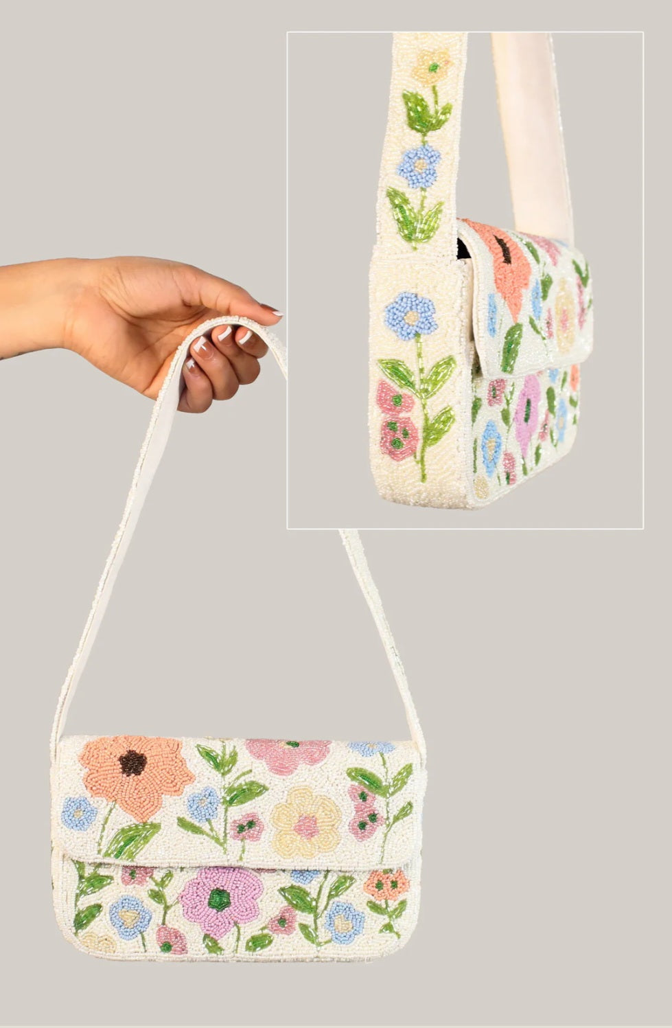 creamy white floral beaded bag, hand-beaded shoulder bag