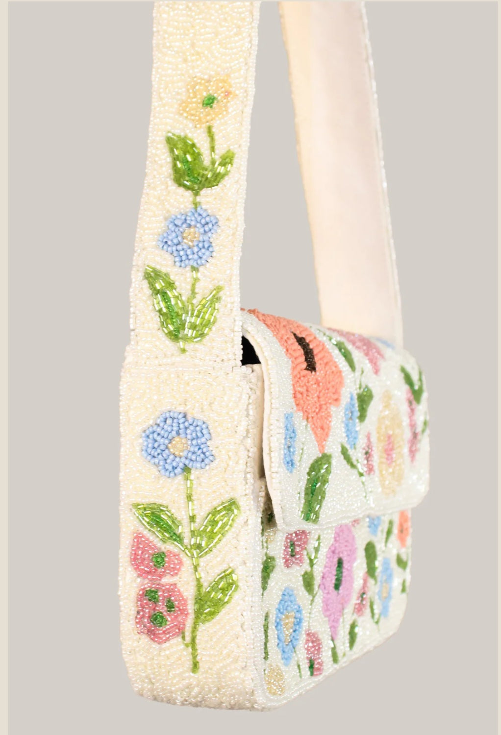 creamy white floral beaded bag, hand-beaded shoulder bag