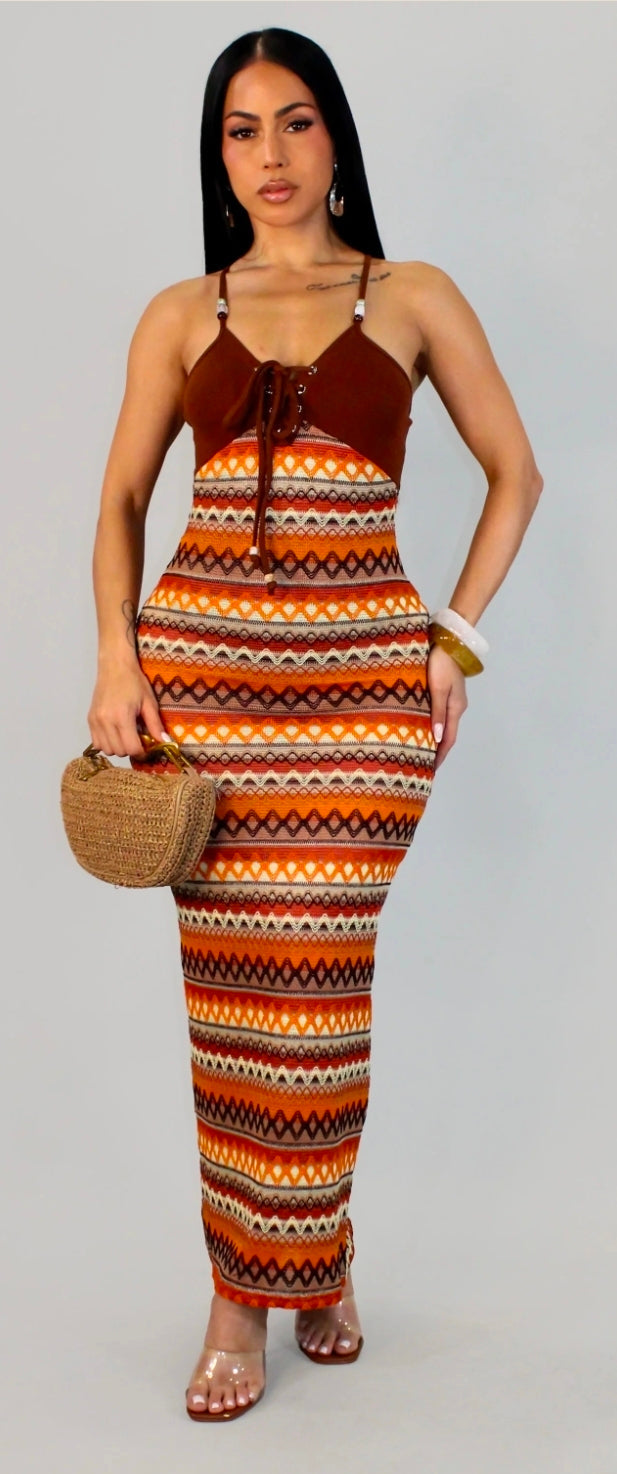The Muse Mosaic Dress- Brown Multi Geometric Maxi