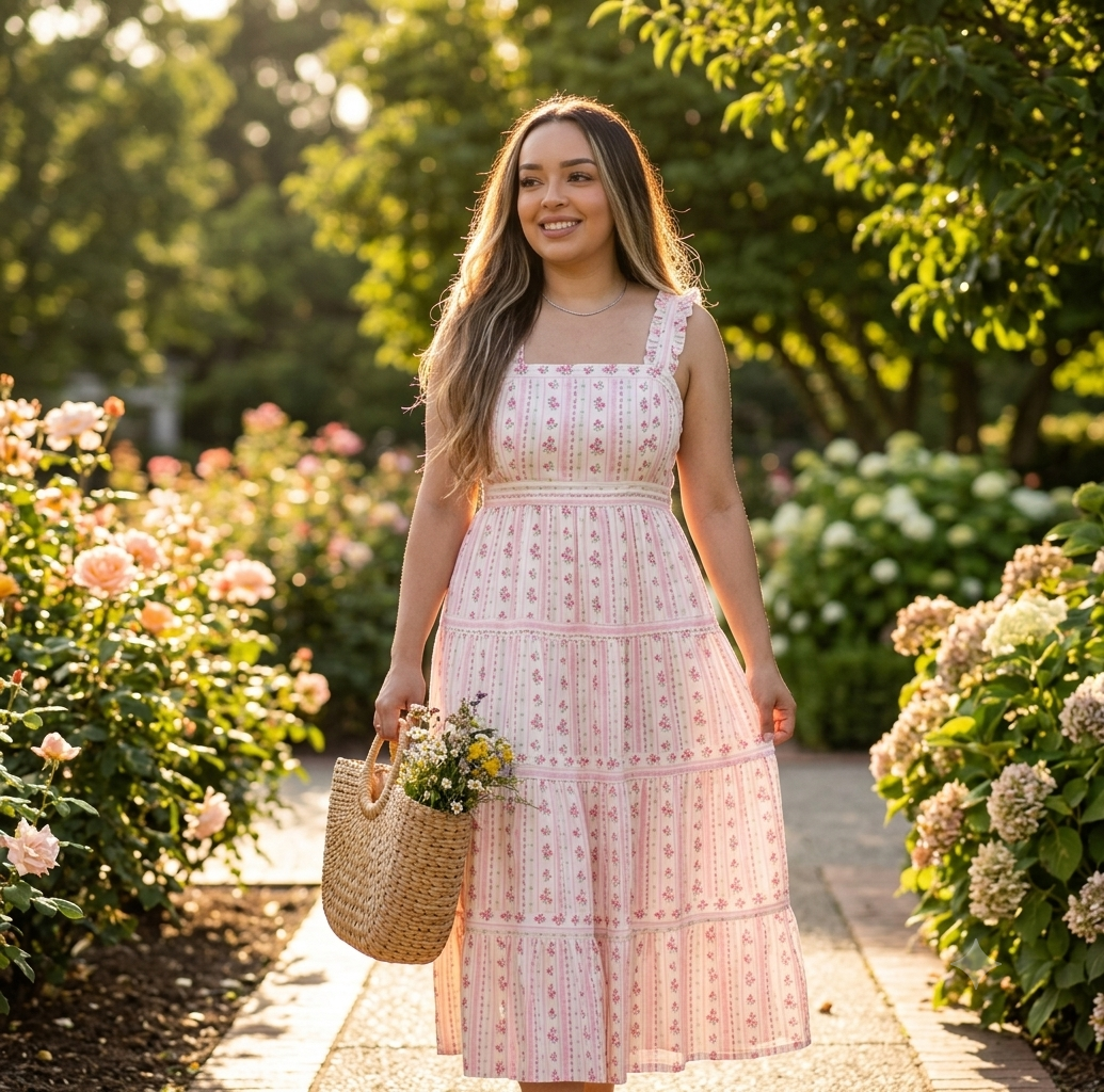 Woman in a pink floral dress standing in a garden with flowers and greenery around.