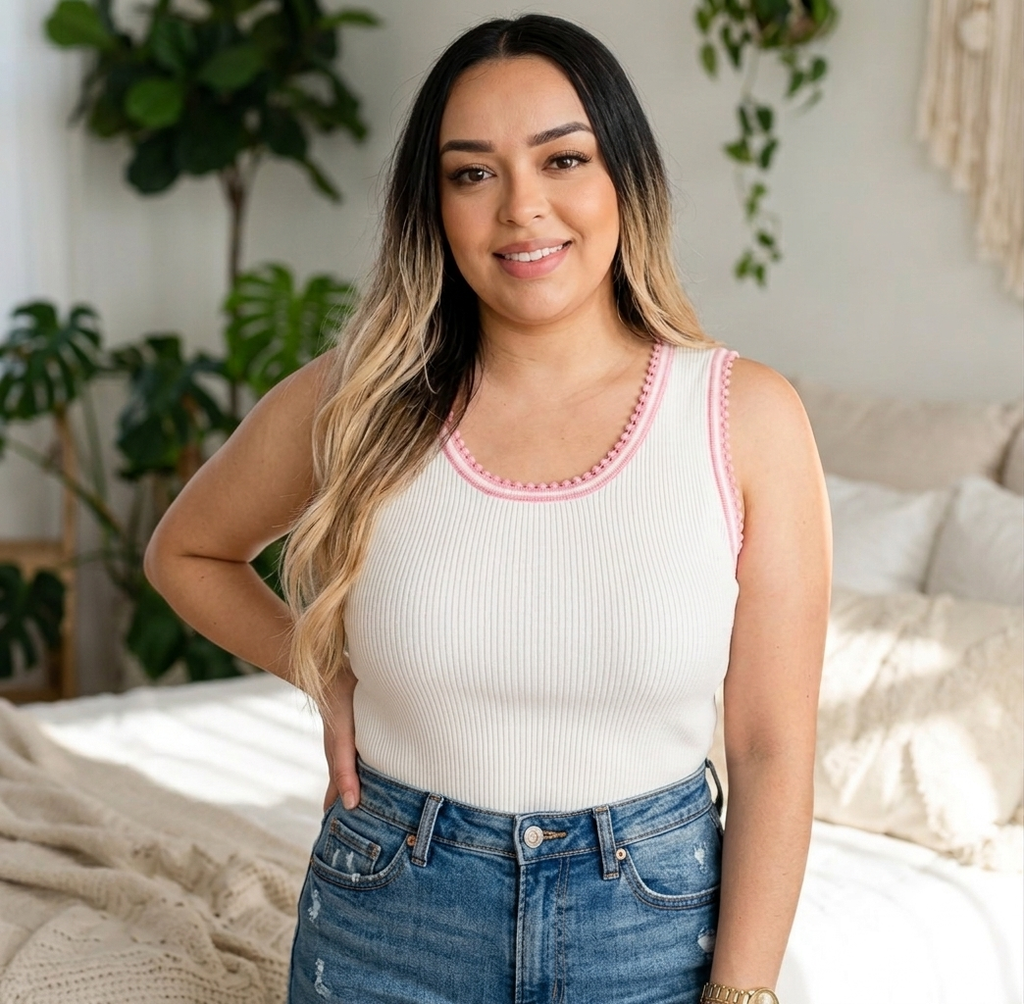 Woman wearing a white tank top with pink trim and blue jeans in a cozy room with plants.