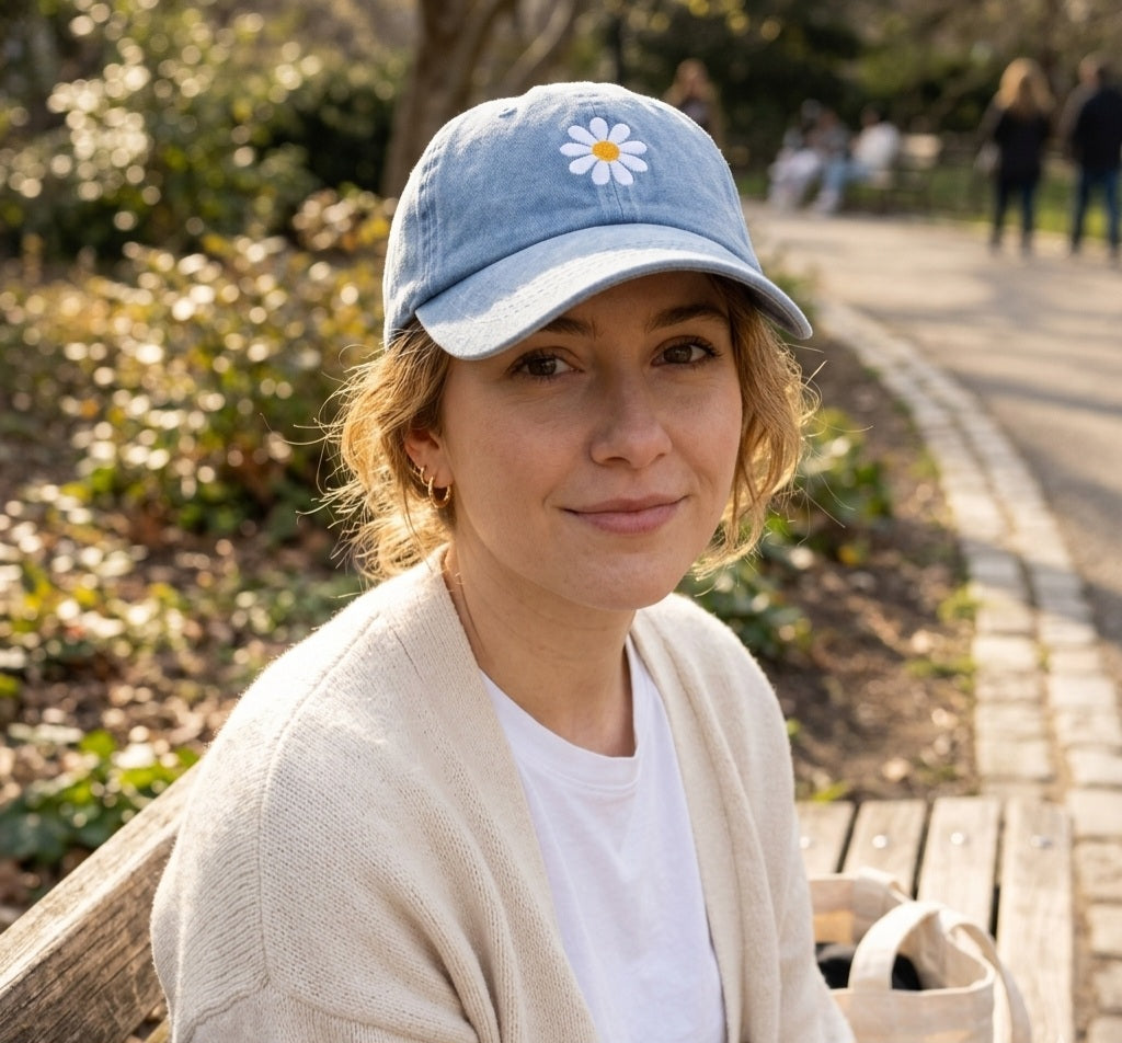 Woman wearing a blue cap with a flower design in a park setting