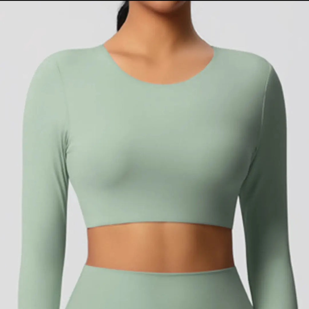 Mint green long-sleeve crop top on a plain background