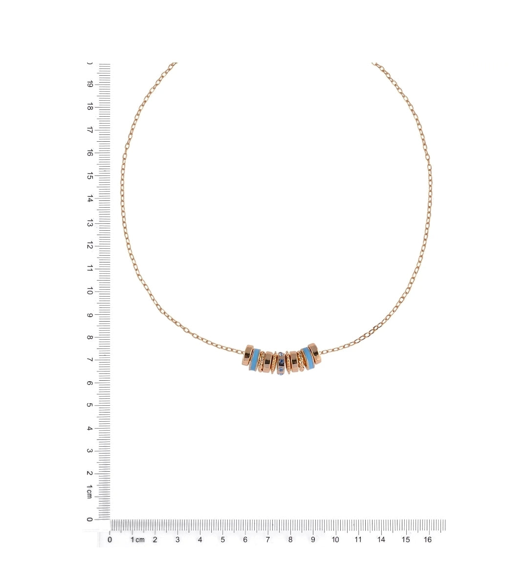 A delicate gold chain necklace with a central cluster of small gold beads, some inlaid with light blue stones, displayed on a white background with a ruler on the left and bottom for scale.