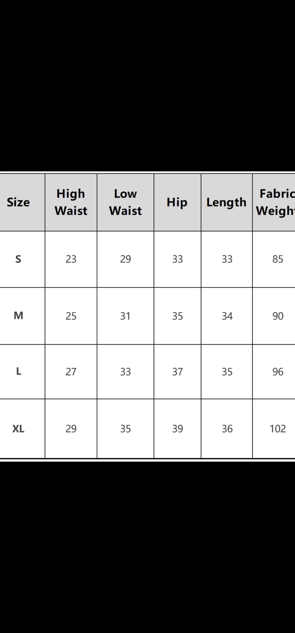 Size chart for clothing with measurements in centimeters