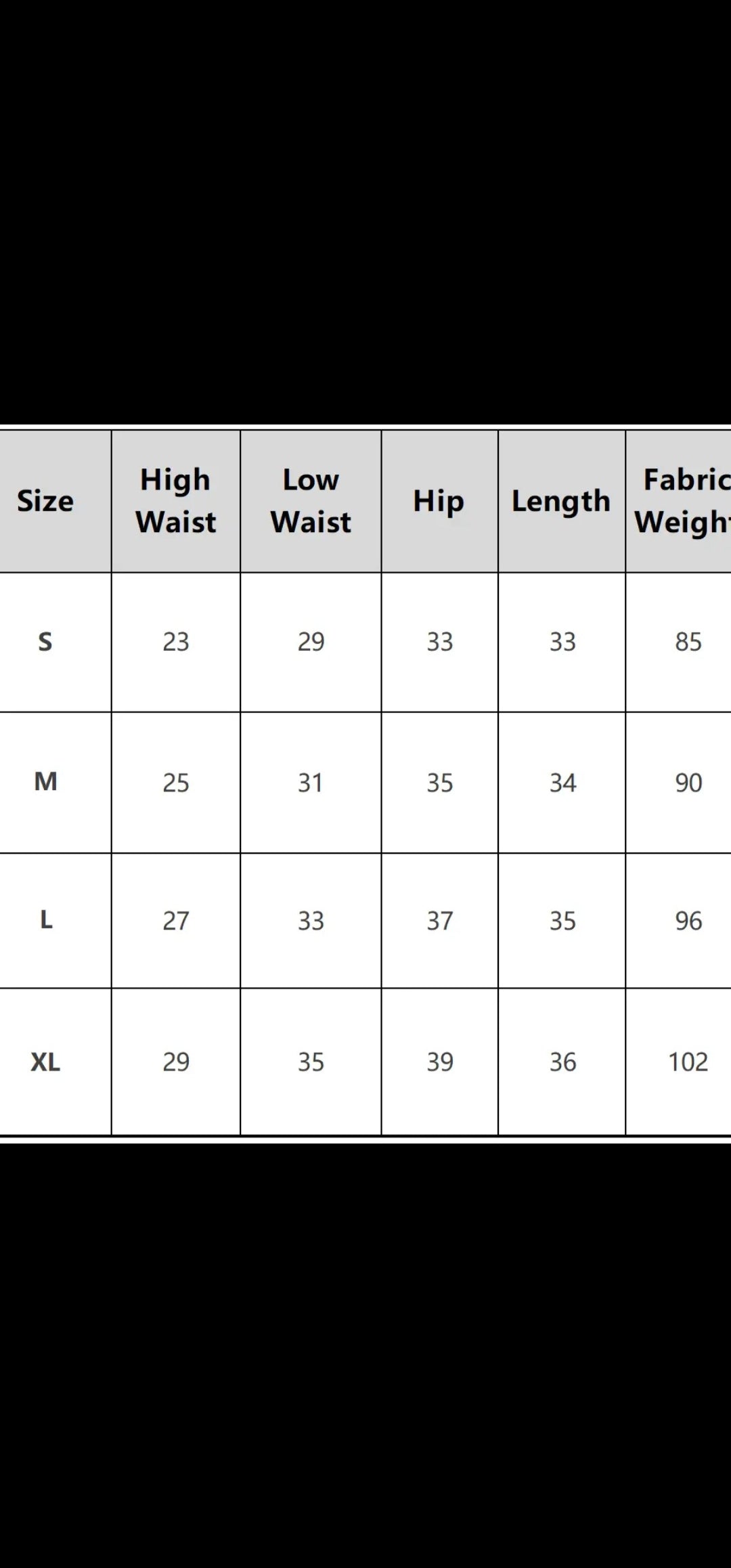 Size chart for clothing with measurements in centimeters