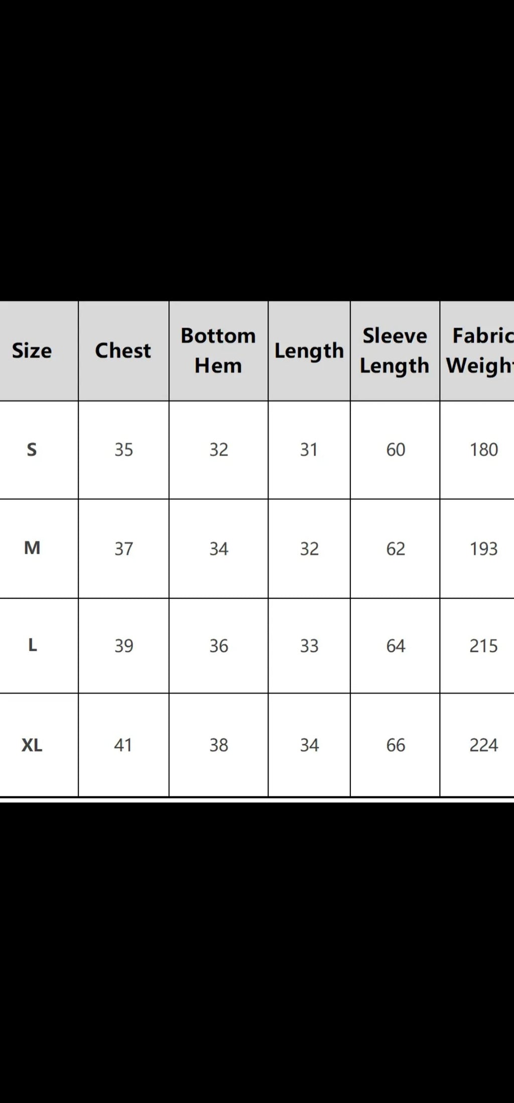 Size chart for clothing with measurements in centimeters