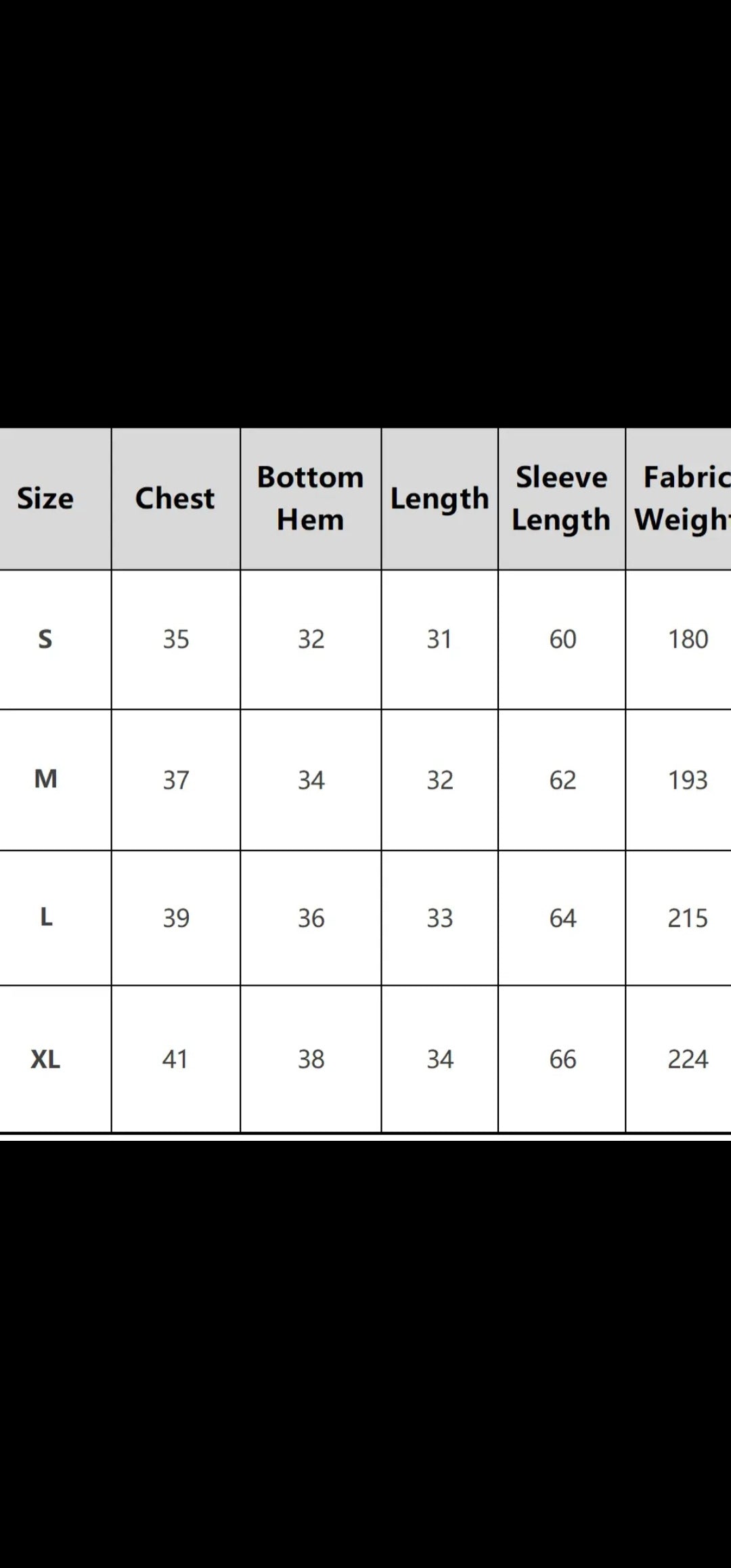 Size chart for clothing with measurements in centimeters
