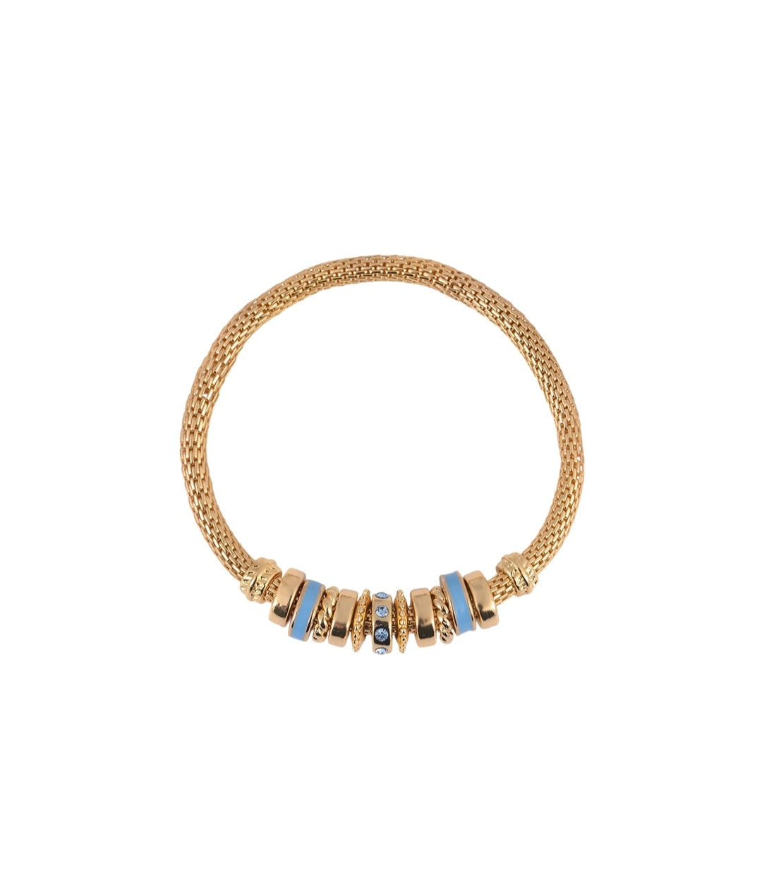 Gold bracelet with blue beads on a white background