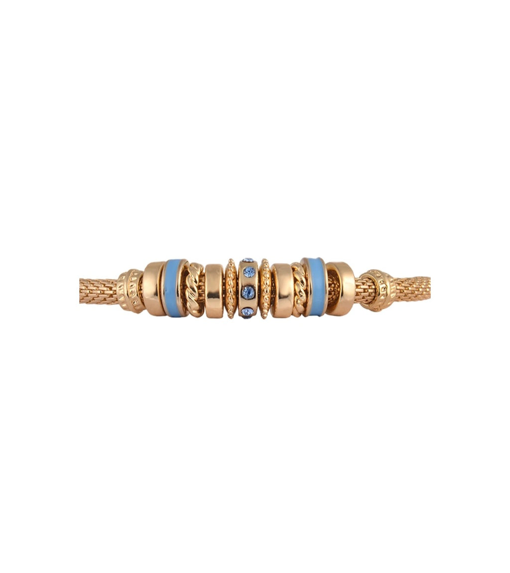 Gold and blue beaded bracelet on a white background