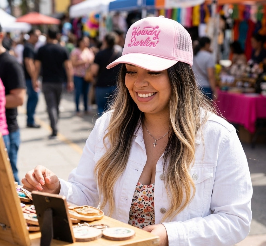Woman wearing a pink cap with text, sitting at a food stand in an outdoor market.